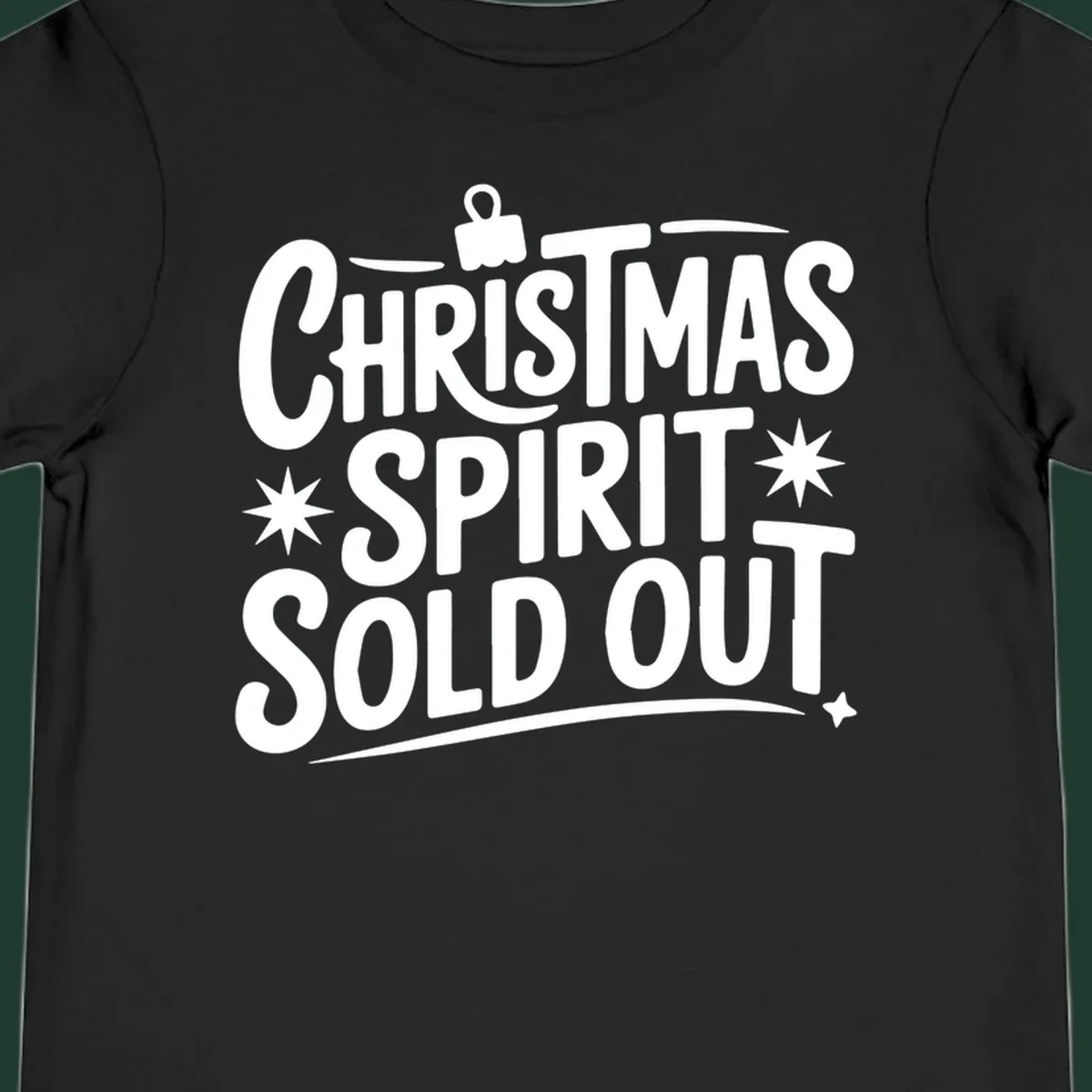 White text graphic: Christmas Spirit Sold Out, with ornament and starburst details.