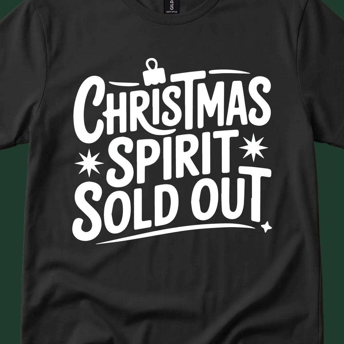 White text graphic: Christmas Spirit Sold Out, with ornament and starburst details.