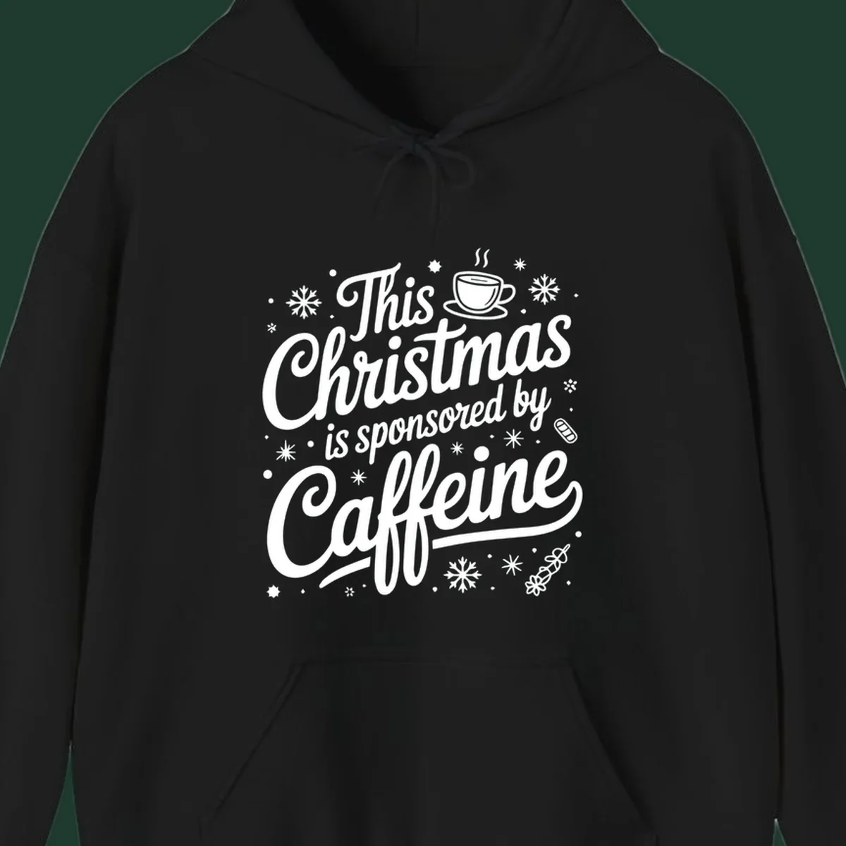 Christmas typography design with "This Christmas is sponsored by Caffeine" and holiday elements.