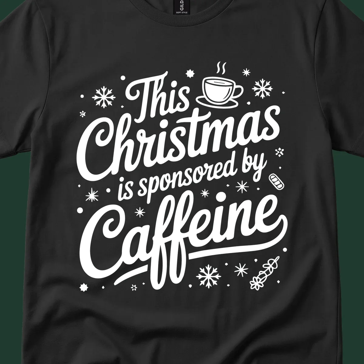Christmas typography design with "This Christmas is sponsored by Caffeine" and holiday elements.