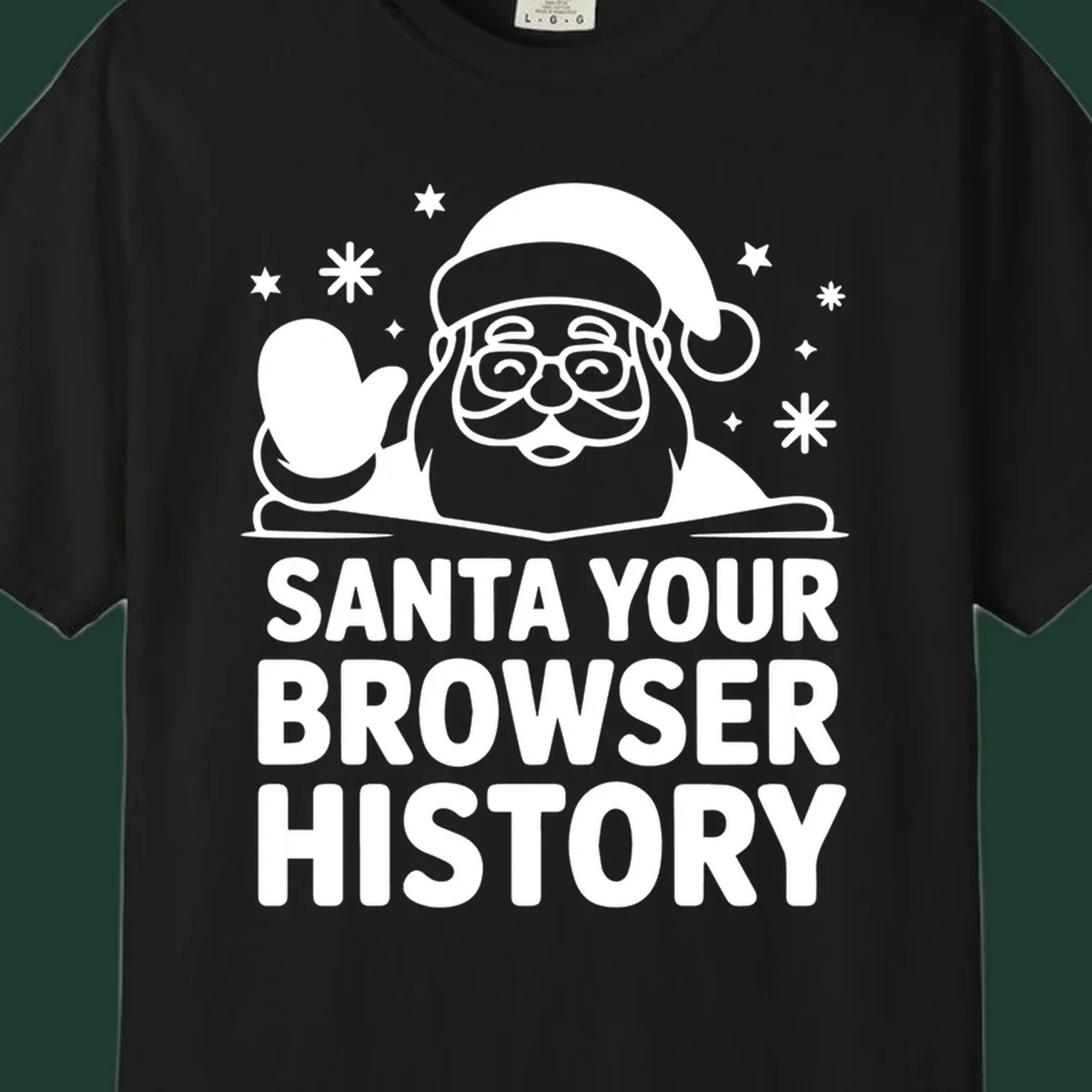 Santa your browser history graphic featuring Santa Claus illustration and text.