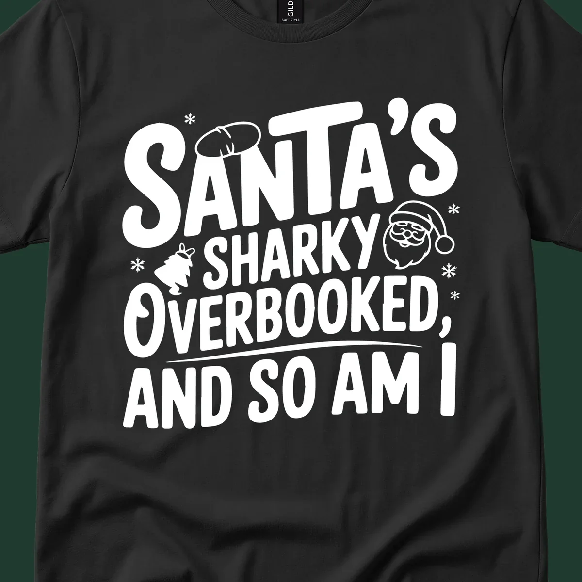Santa overbooked christmas phrase with illustrations.
