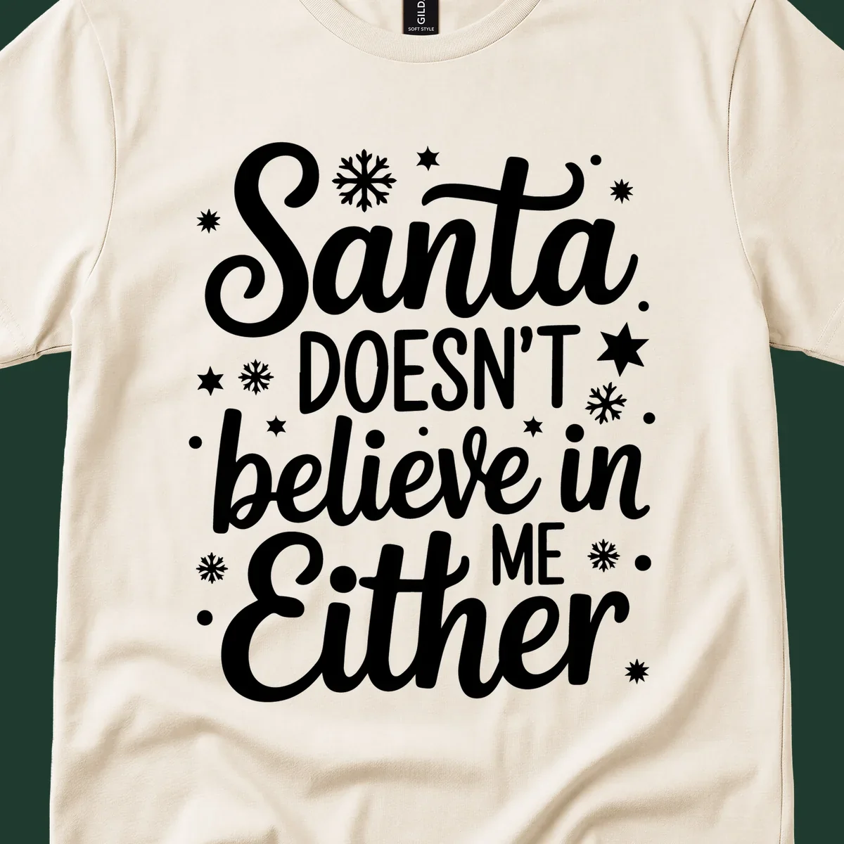 Typography design that reads Santa DOESN'T believe in ME Either, with snowflakes and stars.