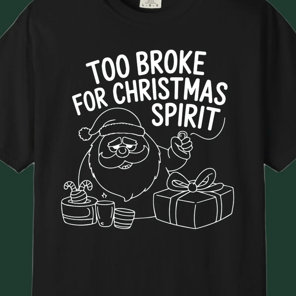 Too broke for Christmas spirit illustration with a sad Santa and gifts. 