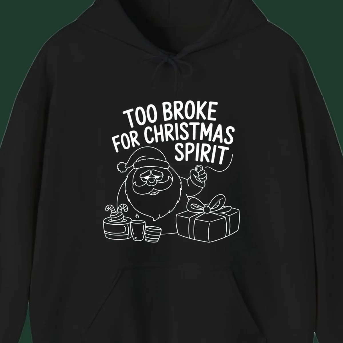 Too broke for Christmas spirit illustration with a sad Santa and gifts. 