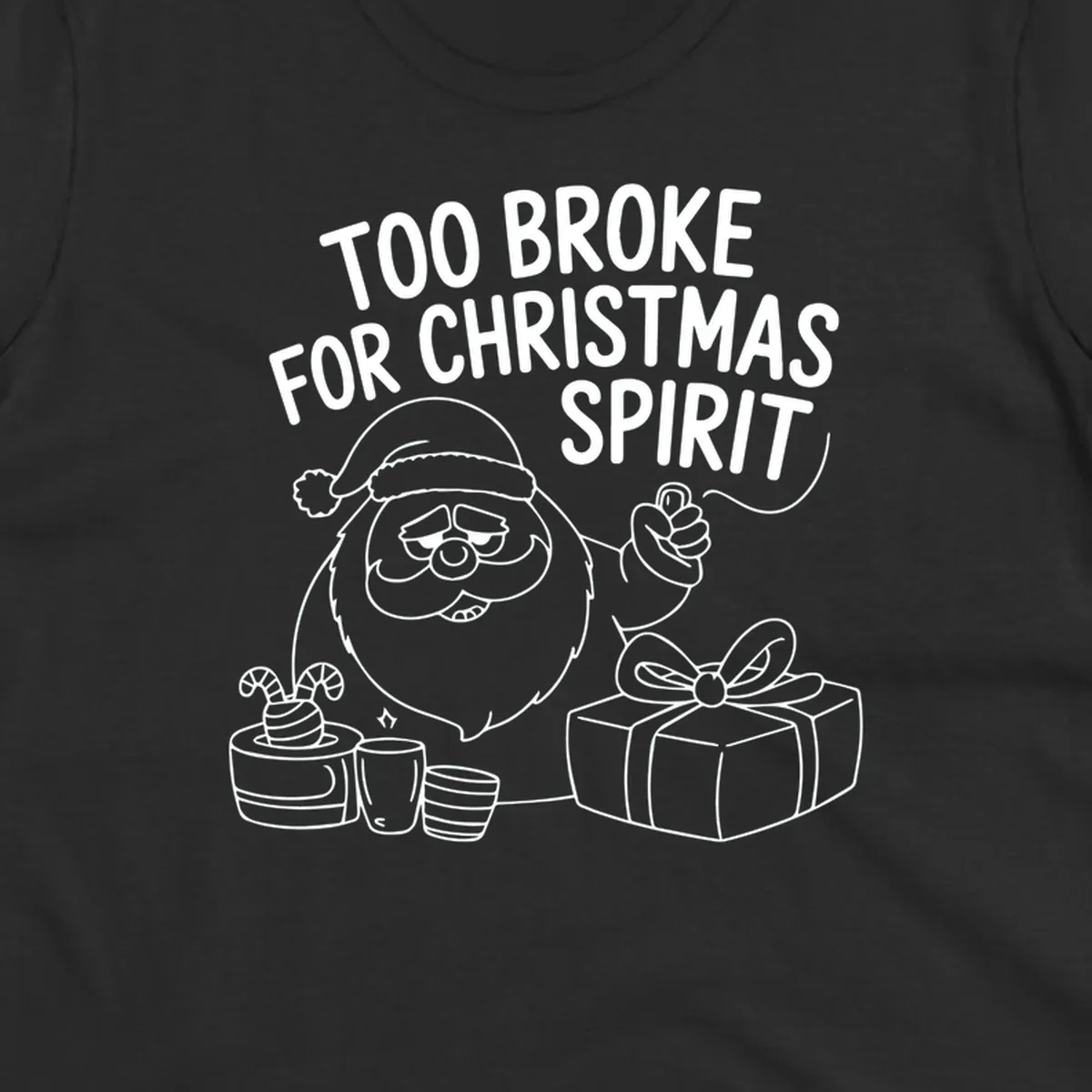Too broke for Christmas spirit illustration with a sad Santa and gifts. 