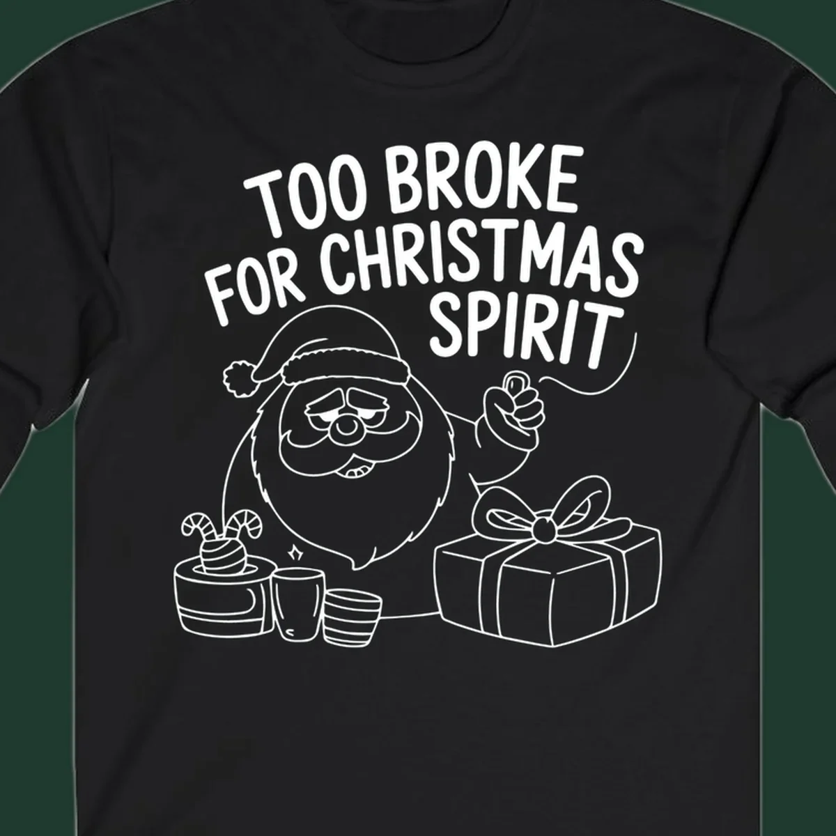Too broke for Christmas spirit illustration with a sad Santa and gifts. 