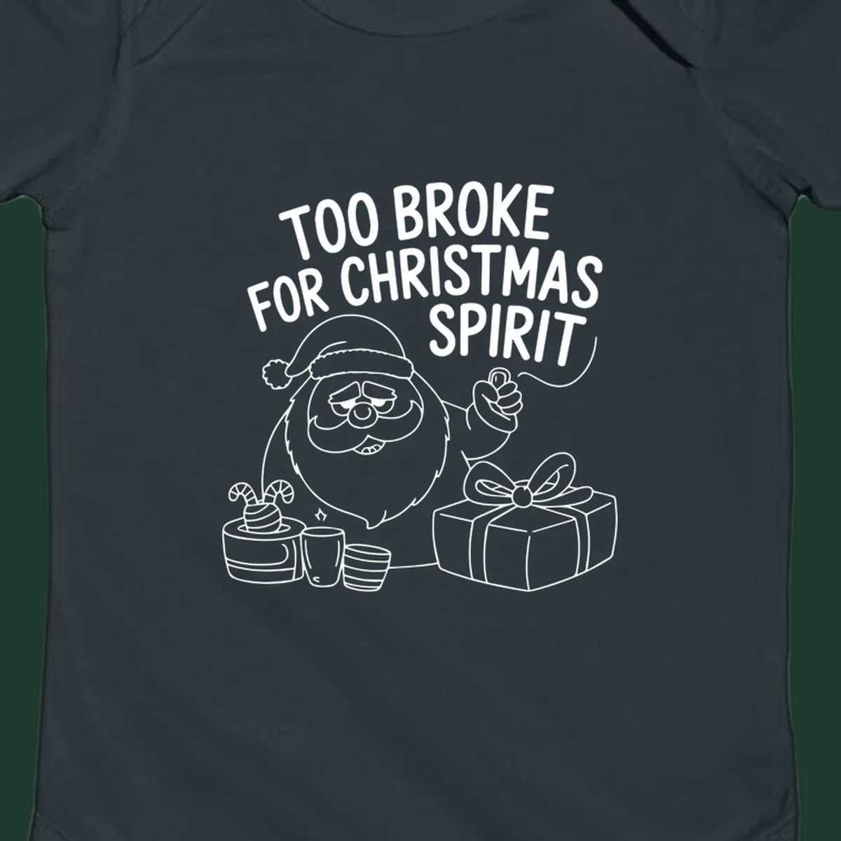 Too broke for Christmas spirit illustration with a sad Santa and gifts. 