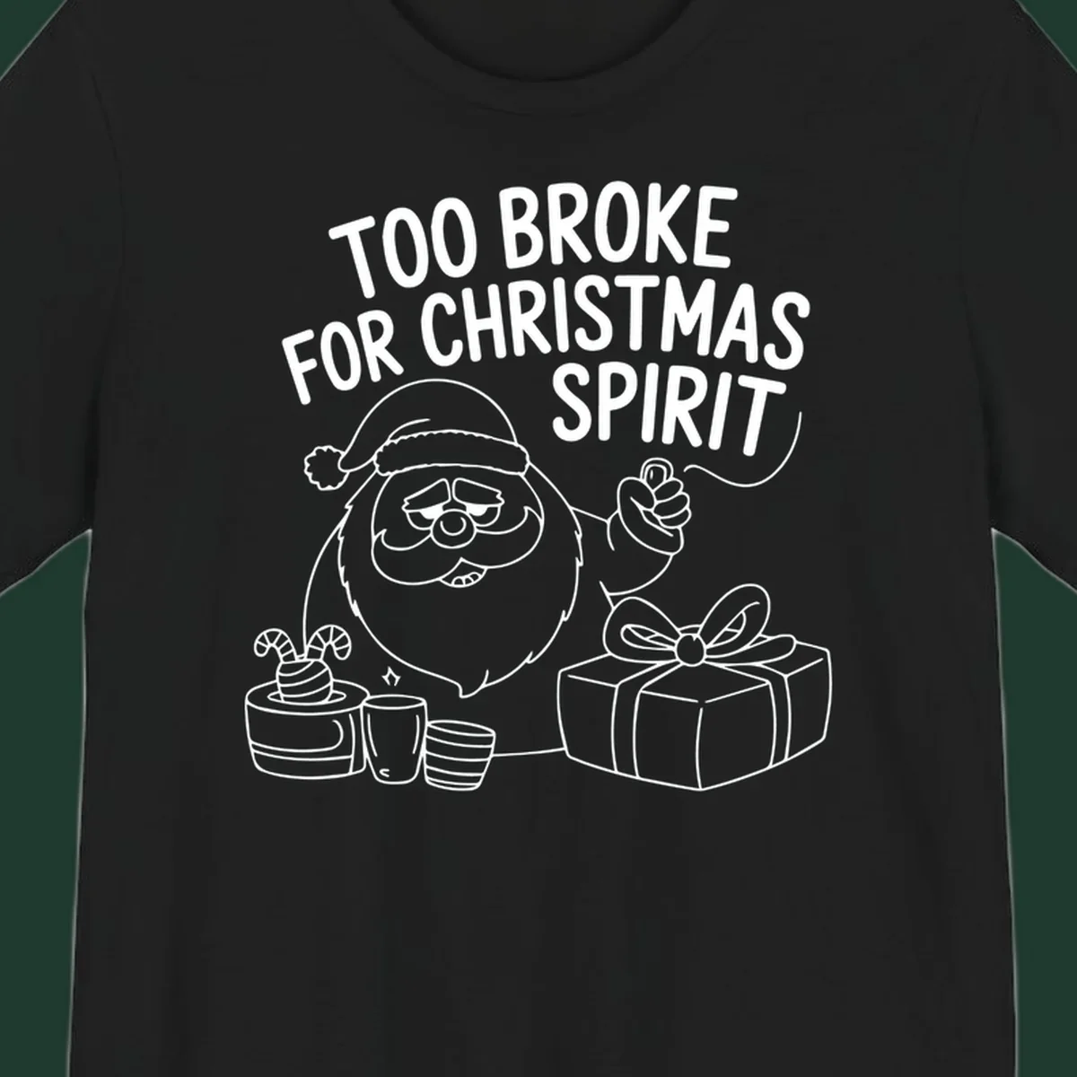 Too broke for Christmas spirit illustration with a sad Santa and gifts. 