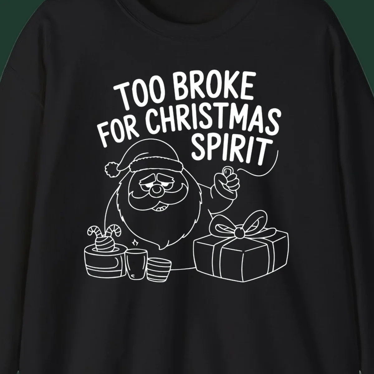 Too broke for Christmas spirit illustration with a sad Santa and gifts. 
