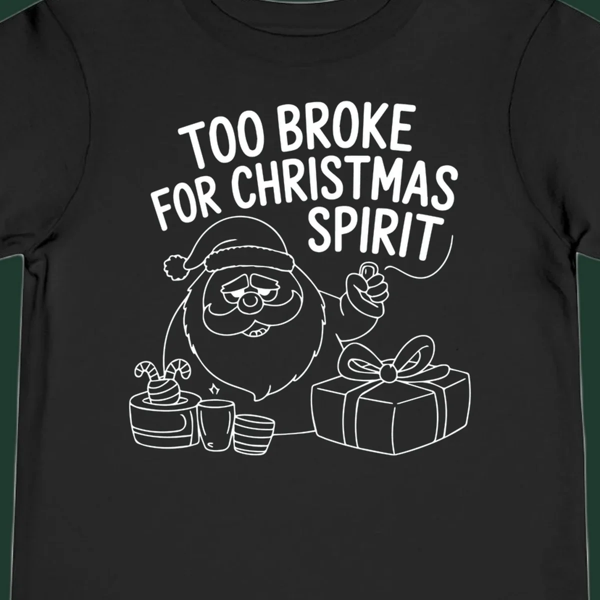 Too broke for Christmas spirit illustration with a sad Santa and gifts. 