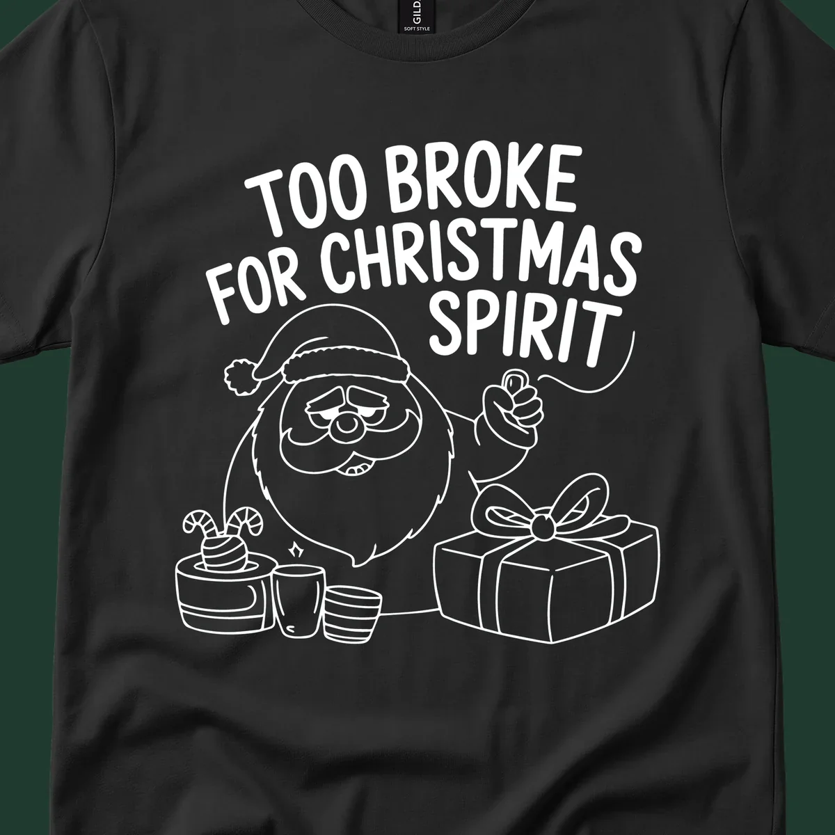 Too broke for Christmas spirit illustration with a sad Santa and gifts. 