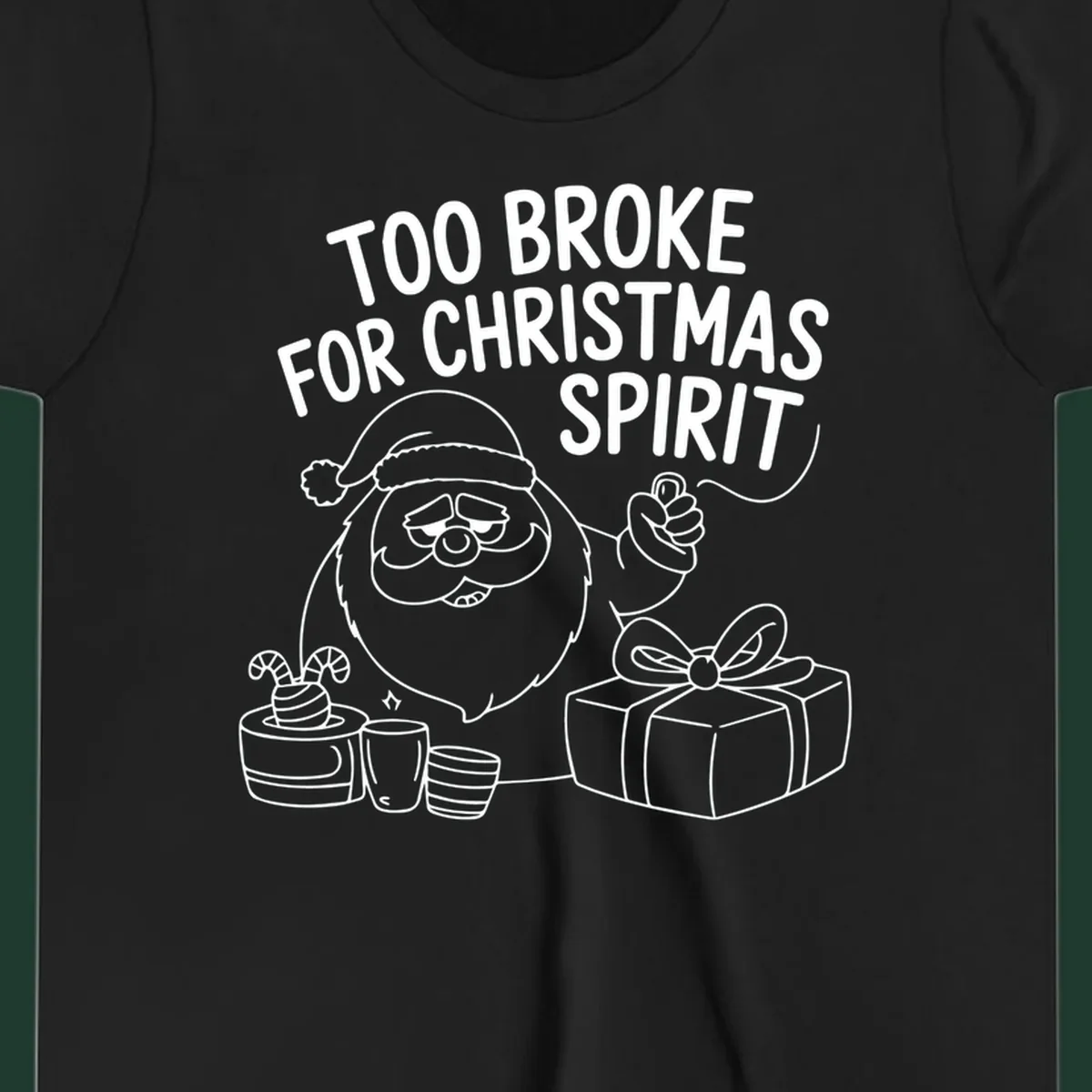 Too broke for Christmas spirit illustration with a sad Santa and gifts. 