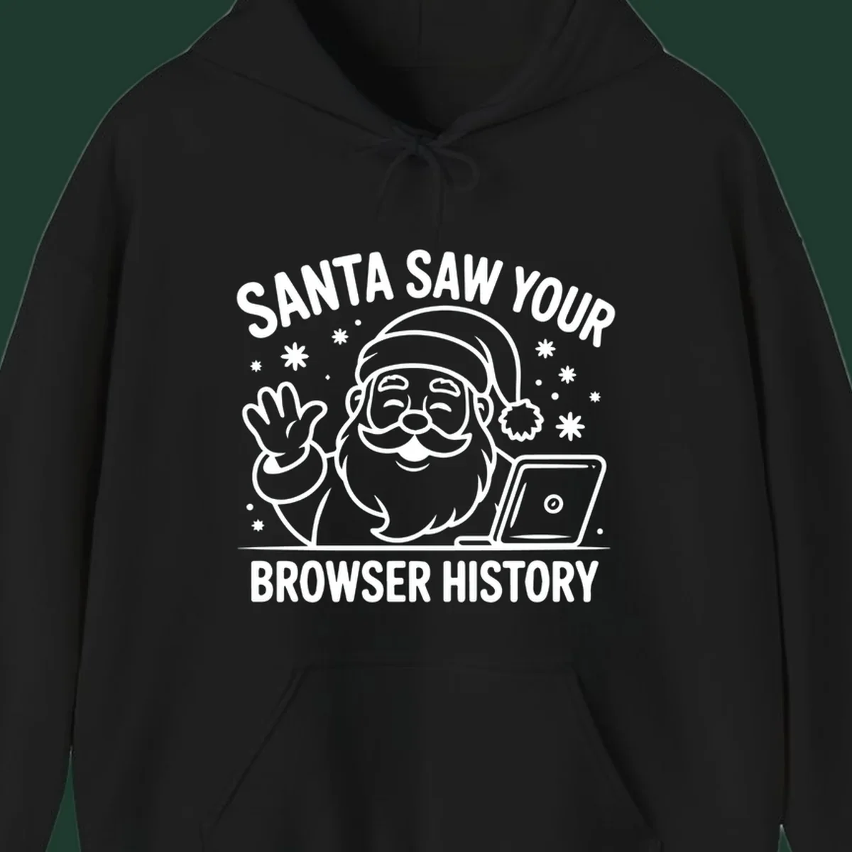 Santa Claus at a laptop with text "SANTA SAW YOUR BROWSER HISTORY"