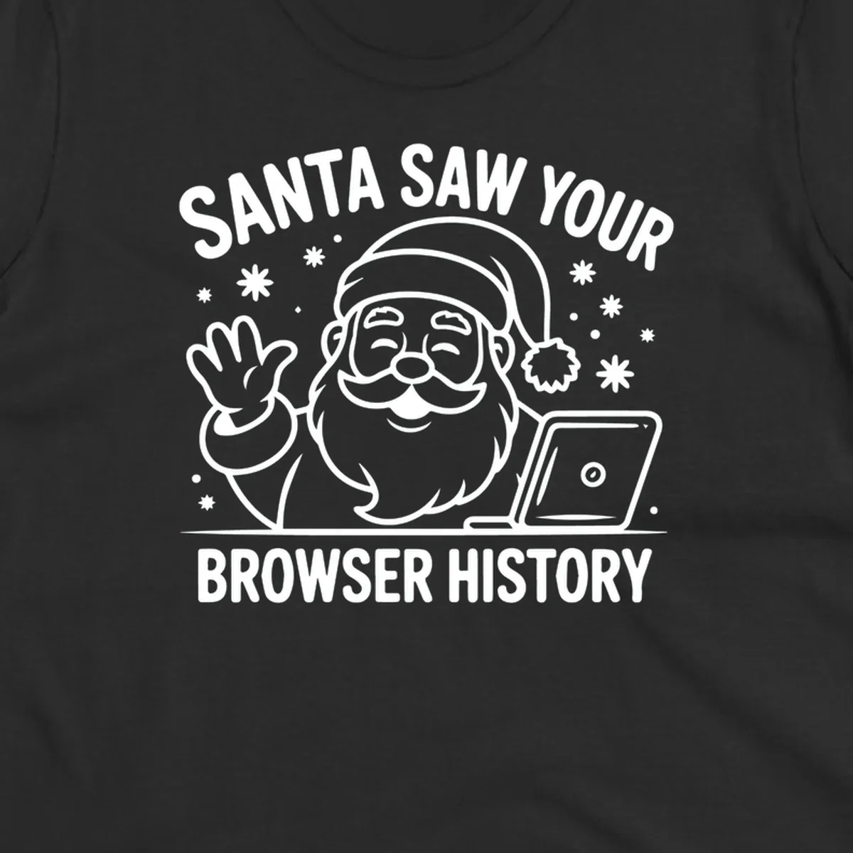 Santa Claus at a laptop with text "SANTA SAW YOUR BROWSER HISTORY"