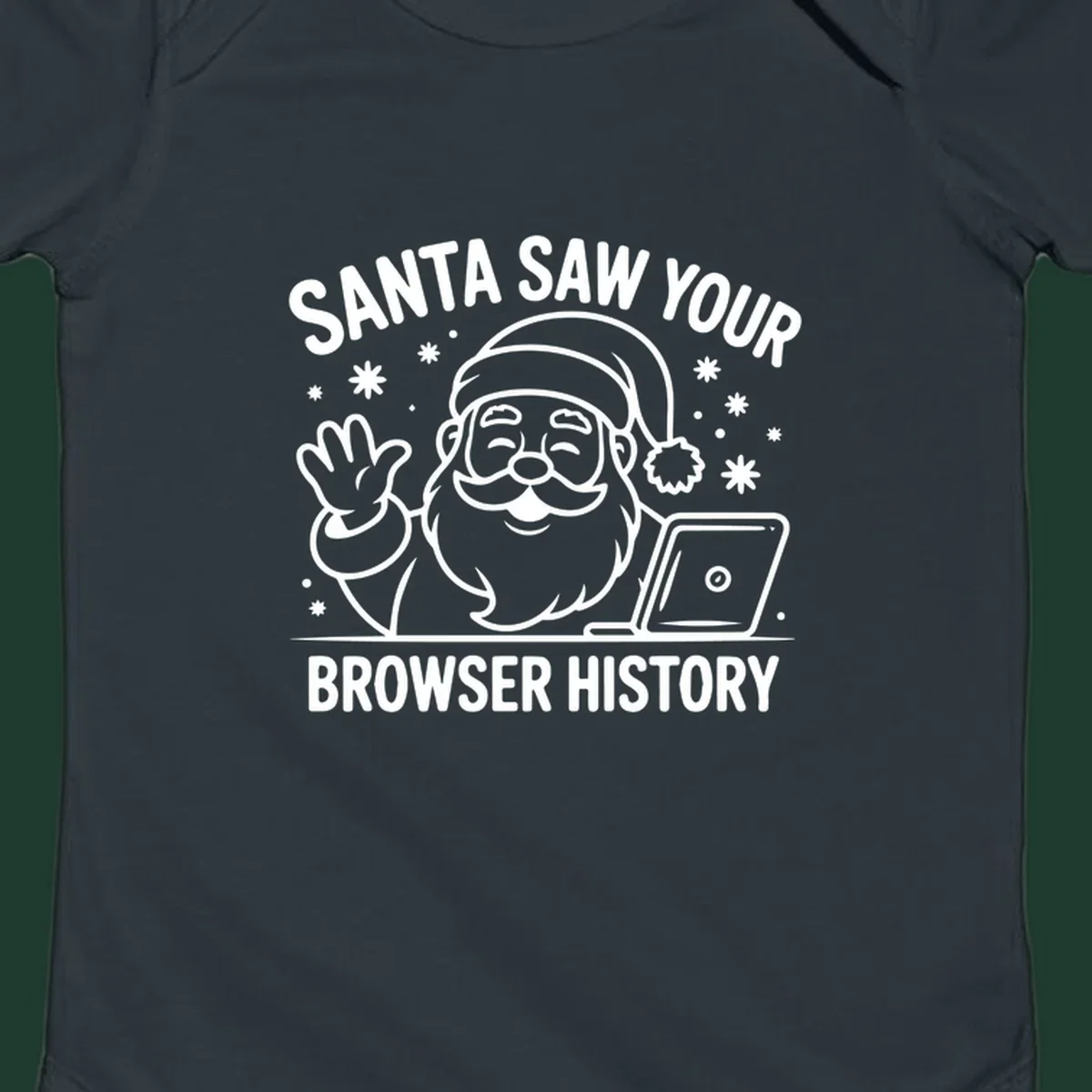 Santa Claus at a laptop with text "SANTA SAW YOUR BROWSER HISTORY"