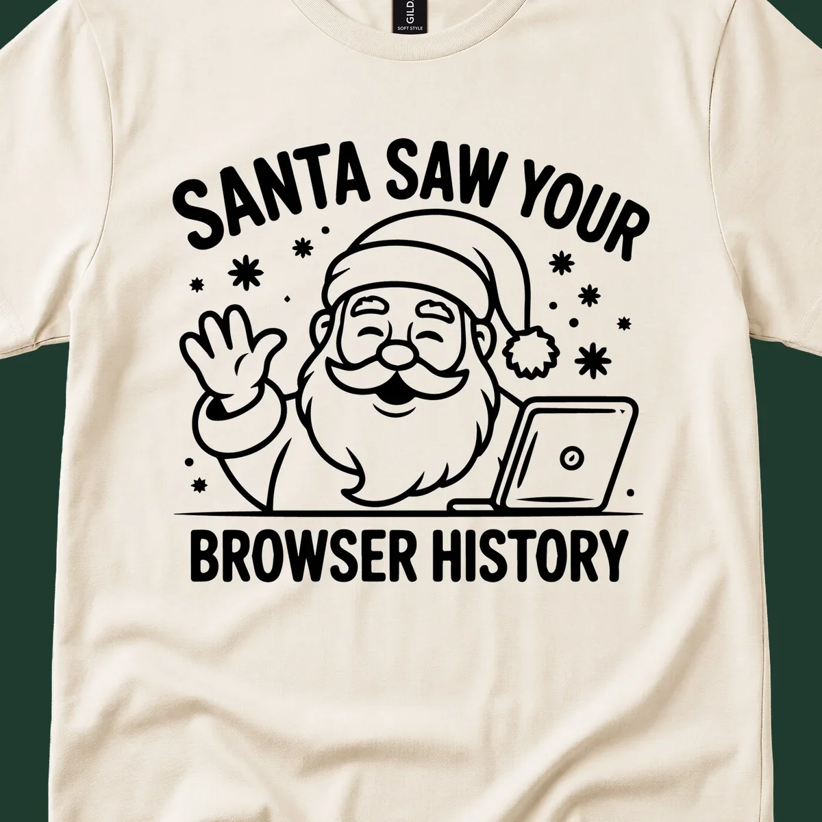 Santa Claus at a laptop with text "SANTA SAW YOUR BROWSER HISTORY"