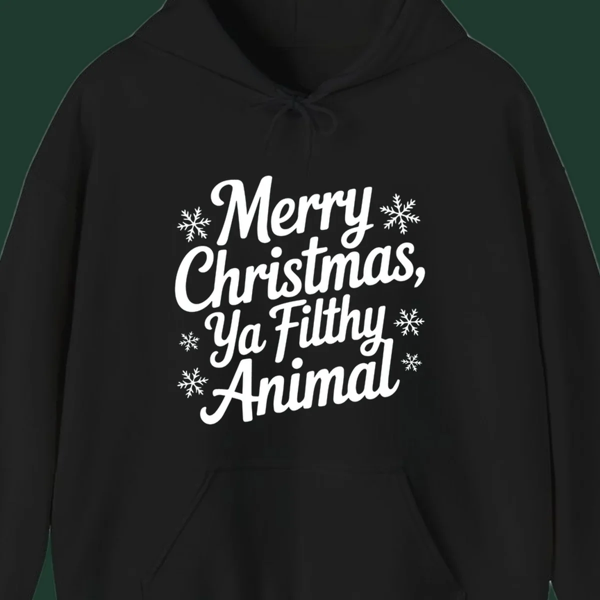 Merry Christmas Ya Filthy Animal typography with snowflakes.