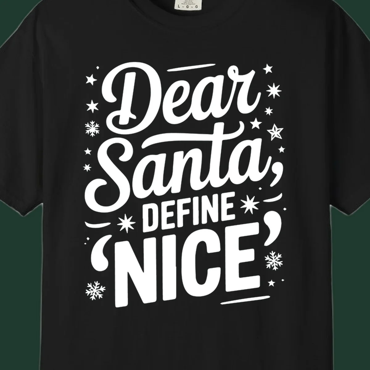 Dear Santa Define Nice Typography design with stars and snowflakes.