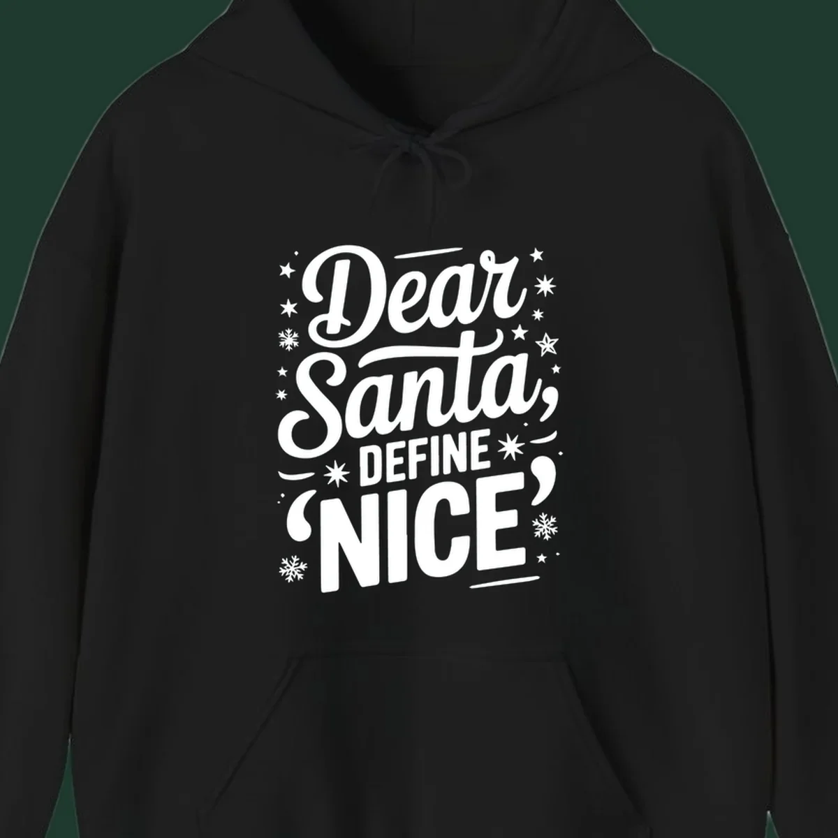 Dear Santa Define Nice Typography design with stars and snowflakes.