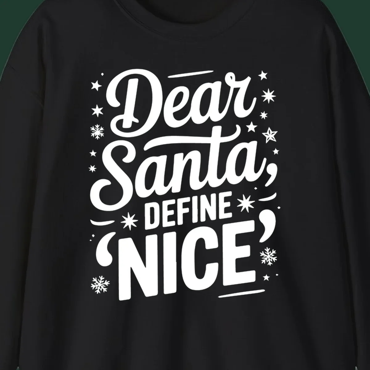Dear Santa Define Nice Typography design with stars and snowflakes.