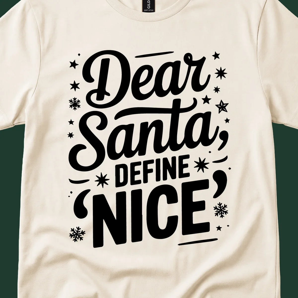 Dear Santa Define Nice Typography design with stars and snowflakes.