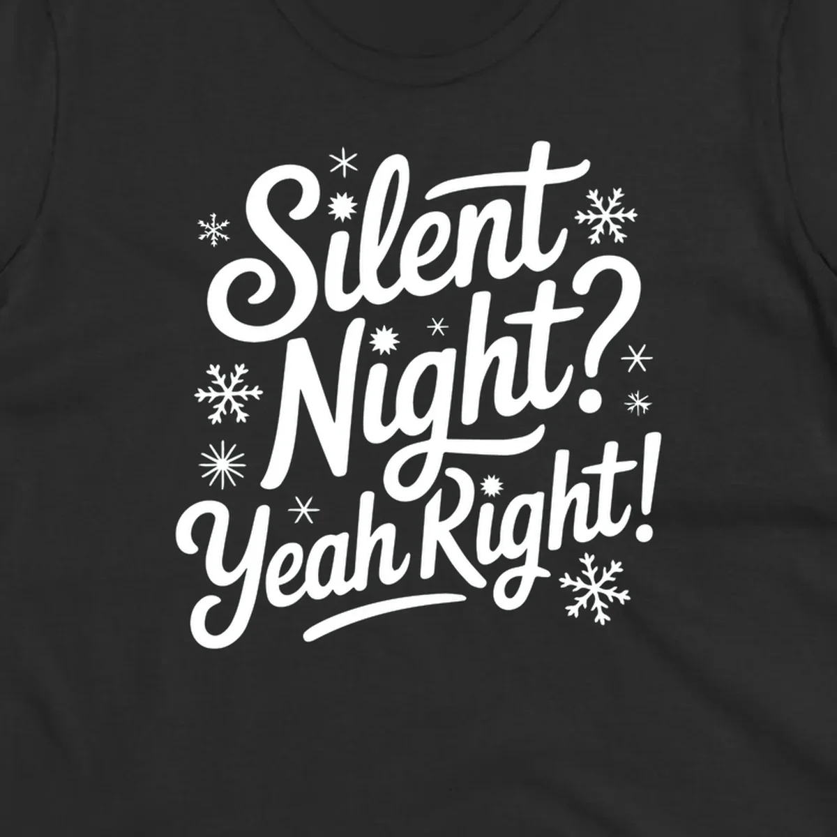 Typography design with "Silent Night? Yeah Right!" text and snowflakes, for the silent-night-yeah-right concept.