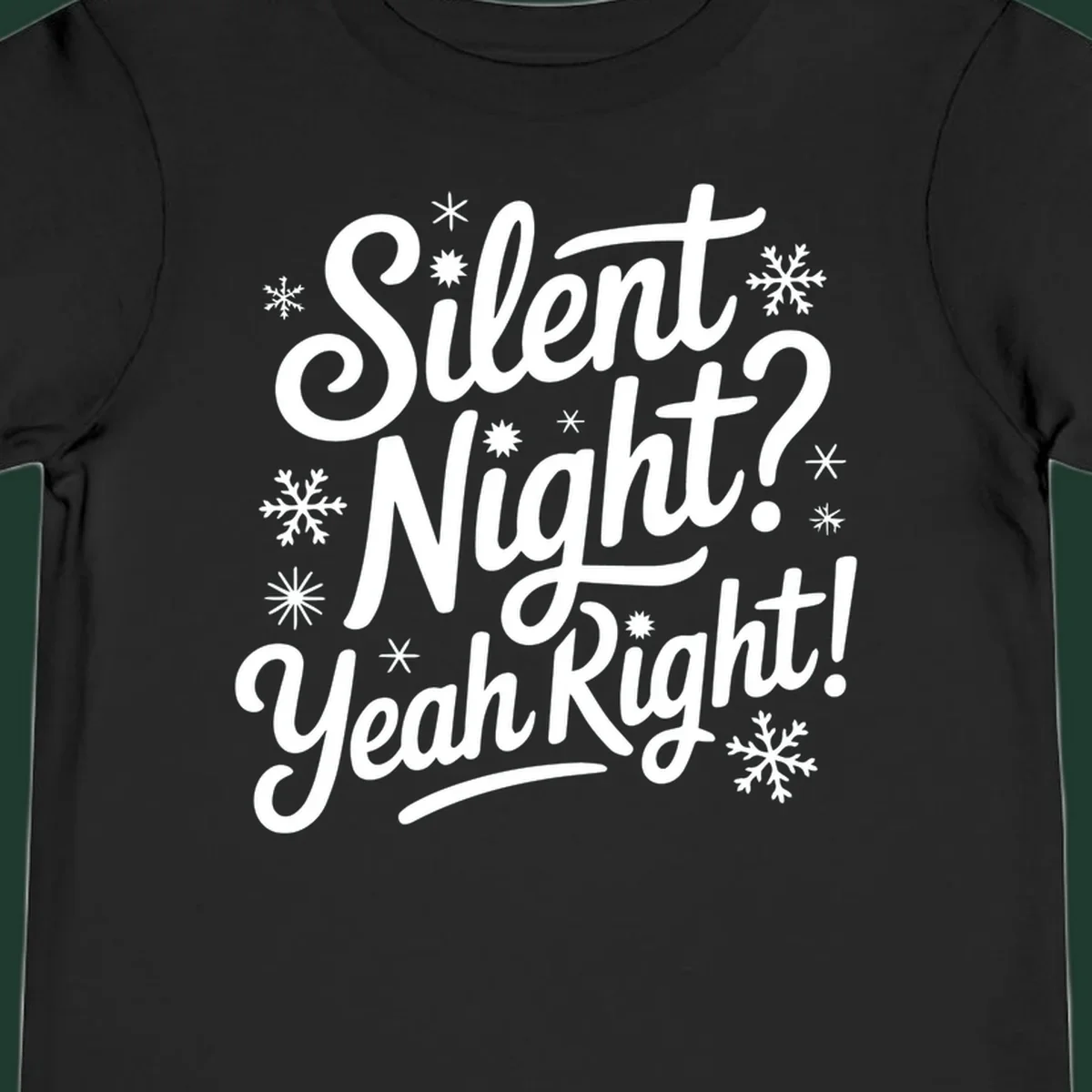 Typography design with "Silent Night? Yeah Right!" text and snowflakes, for the silent-night-yeah-right concept.
