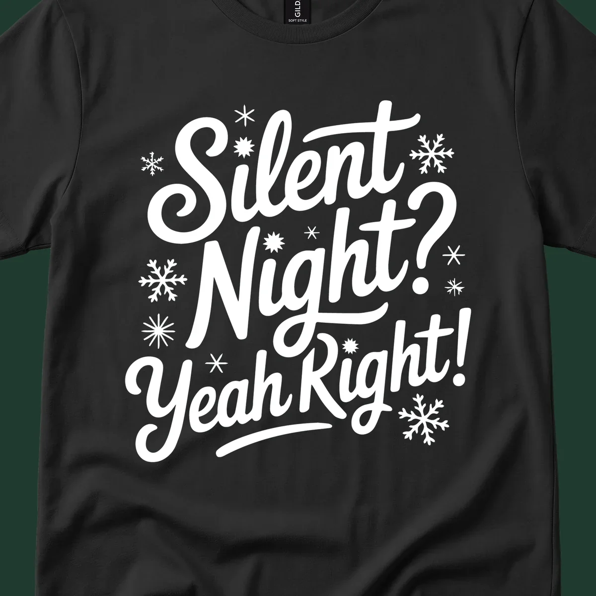Typography design with "Silent Night? Yeah Right!" text and snowflakes, for the silent-night-yeah-right concept.