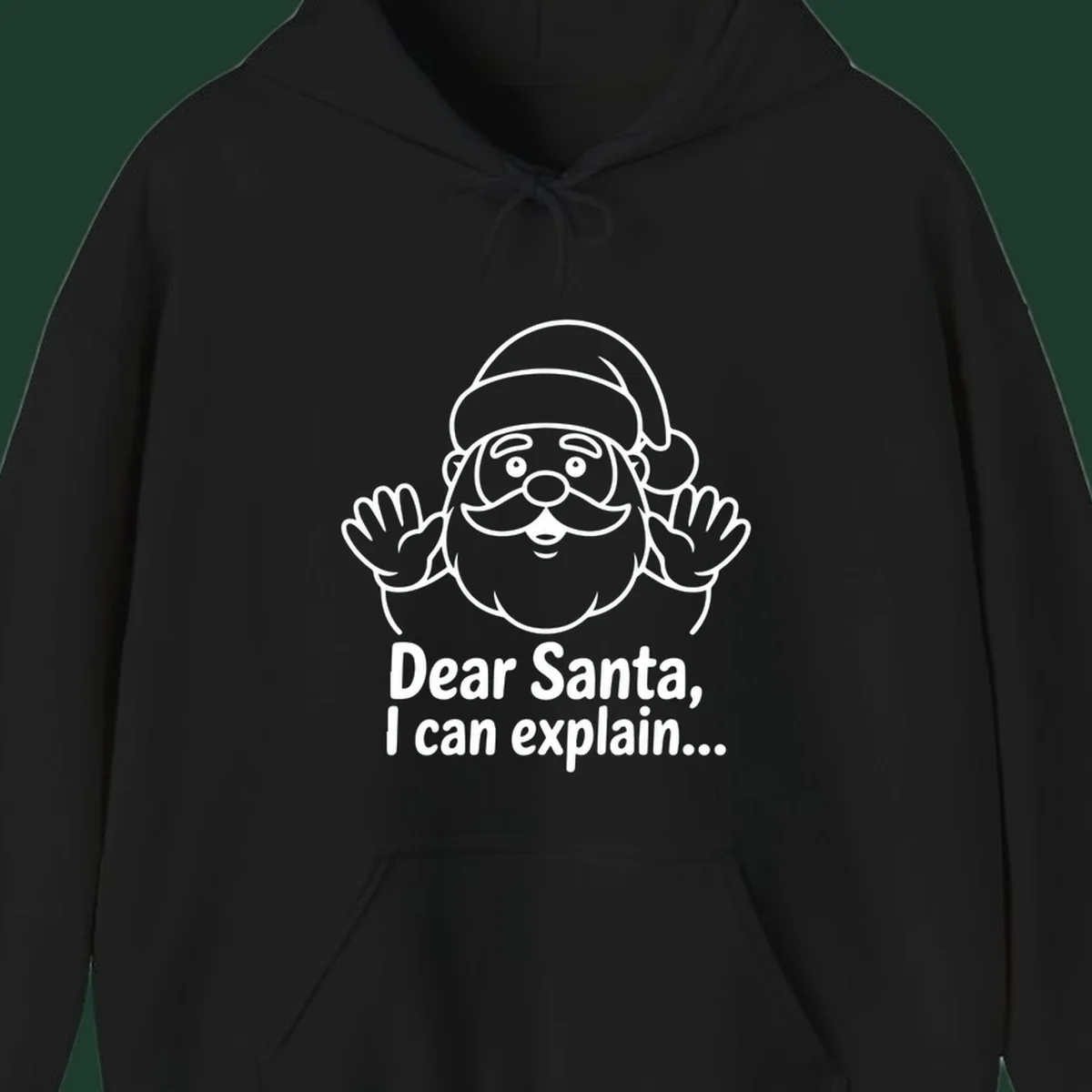 Dear Santa I Can Explain Christmas illustration with Santa Claus hands up.