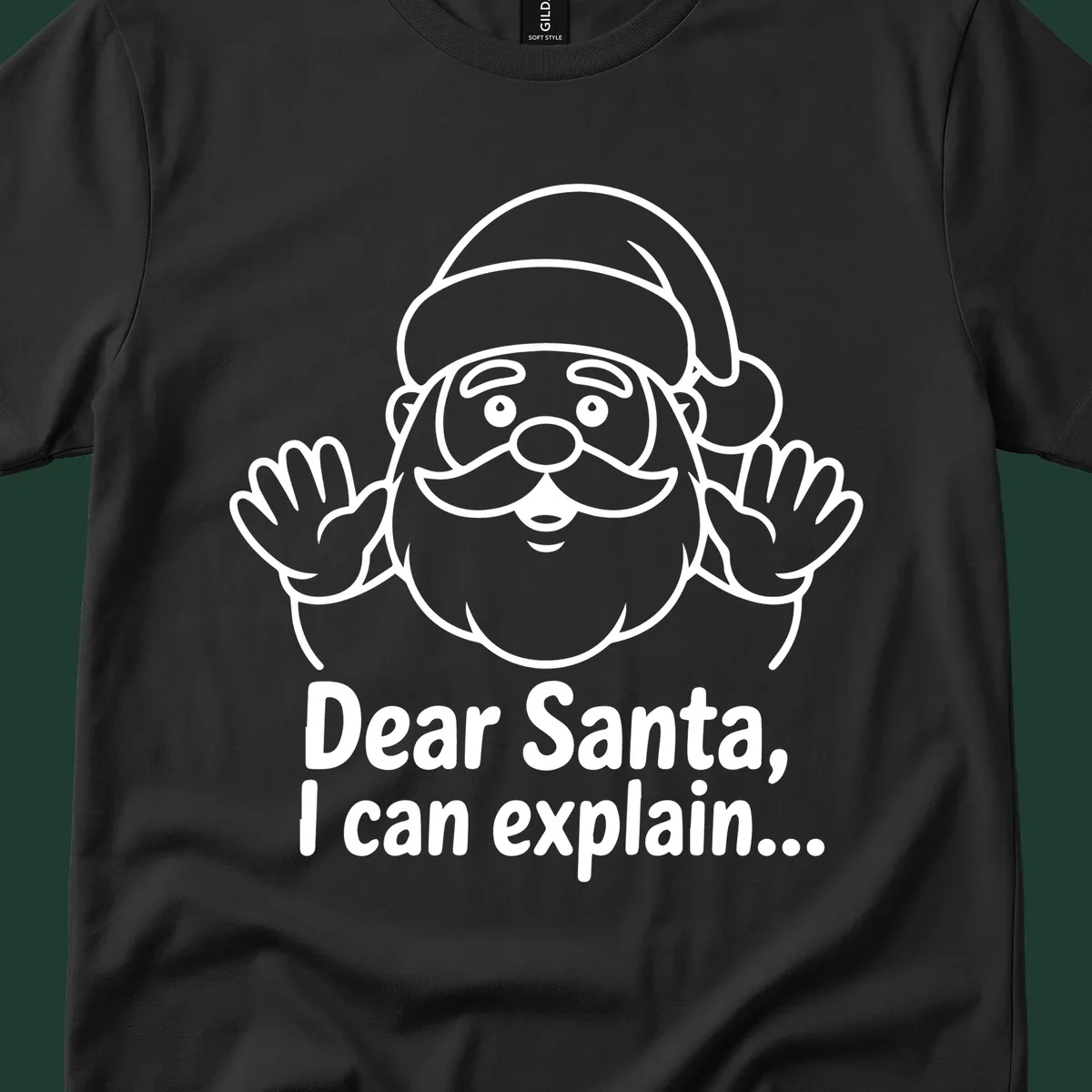 Dear Santa I Can Explain Christmas illustration with Santa Claus hands up.
