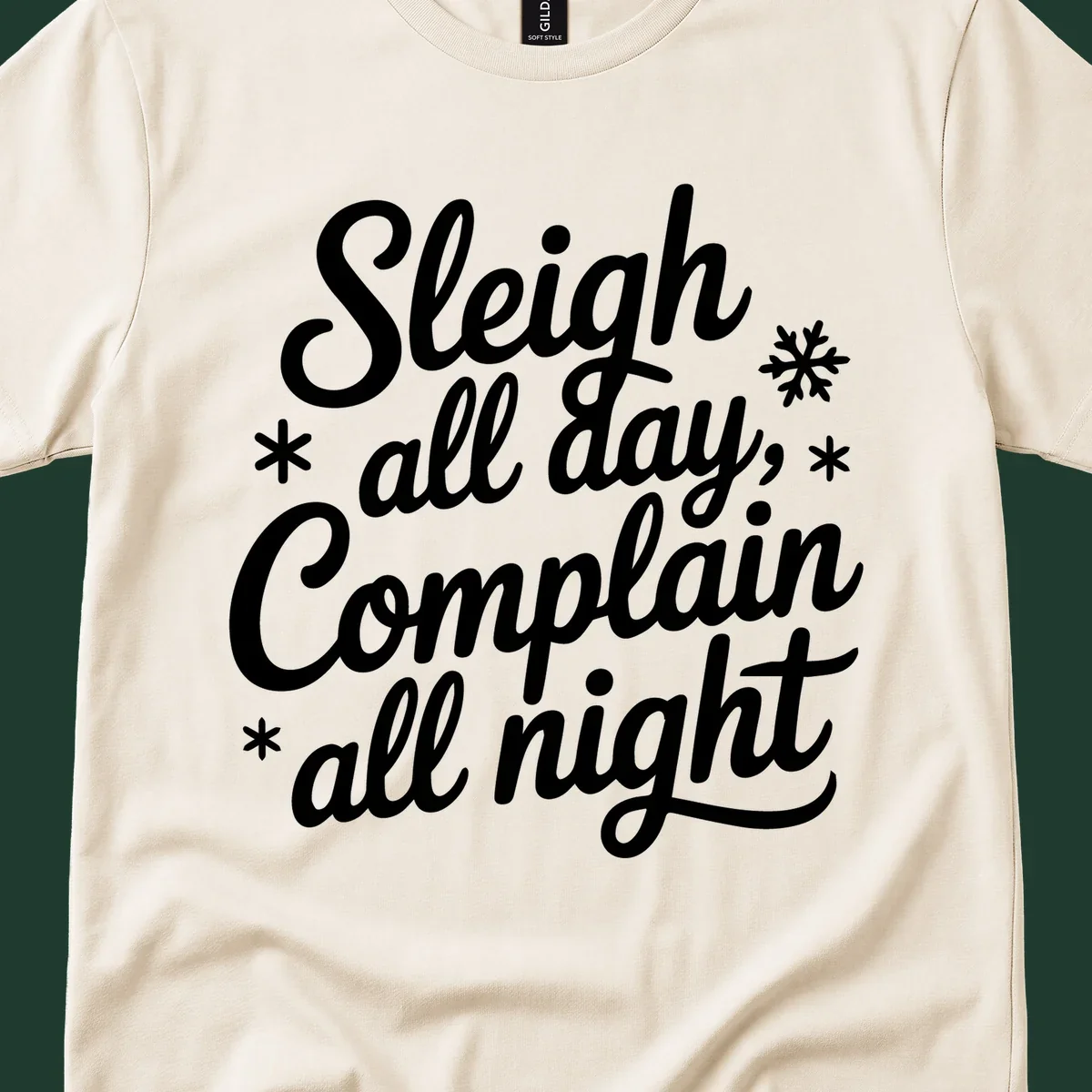 White typography reading 'Sleigh all day, Complain all night' with snowflakes and asterisks. sleigh-all-day.