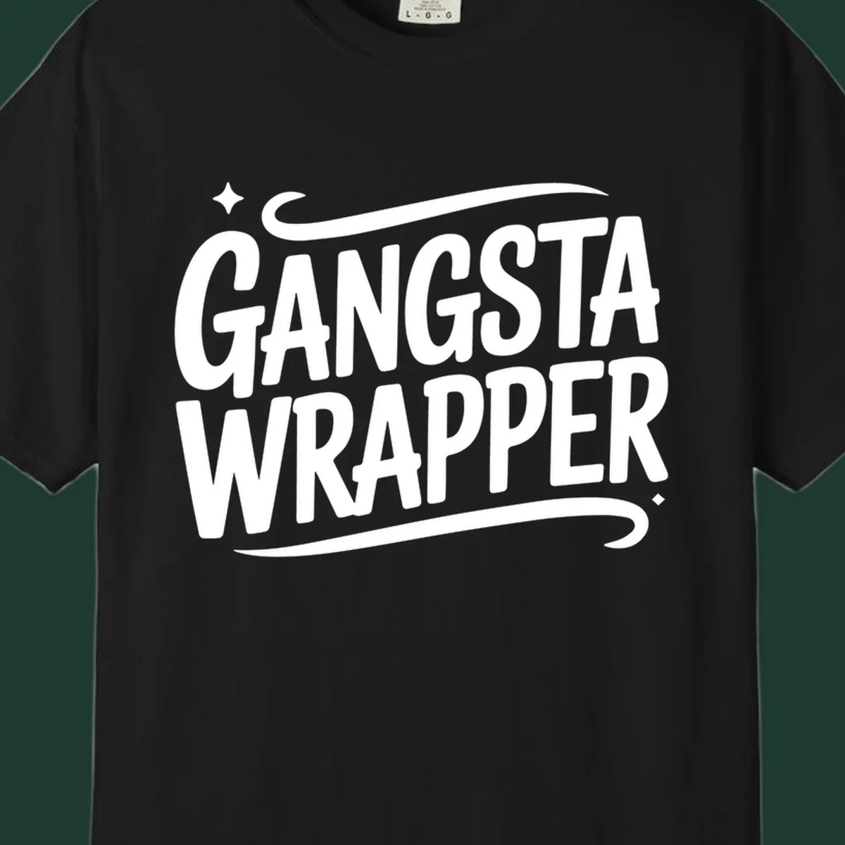 Gangsta Wrapper text in white, bold, custom lettering on a dark background.
