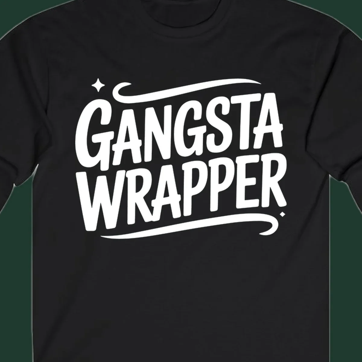 Gangsta Wrapper text in white, bold, custom lettering on a dark background.