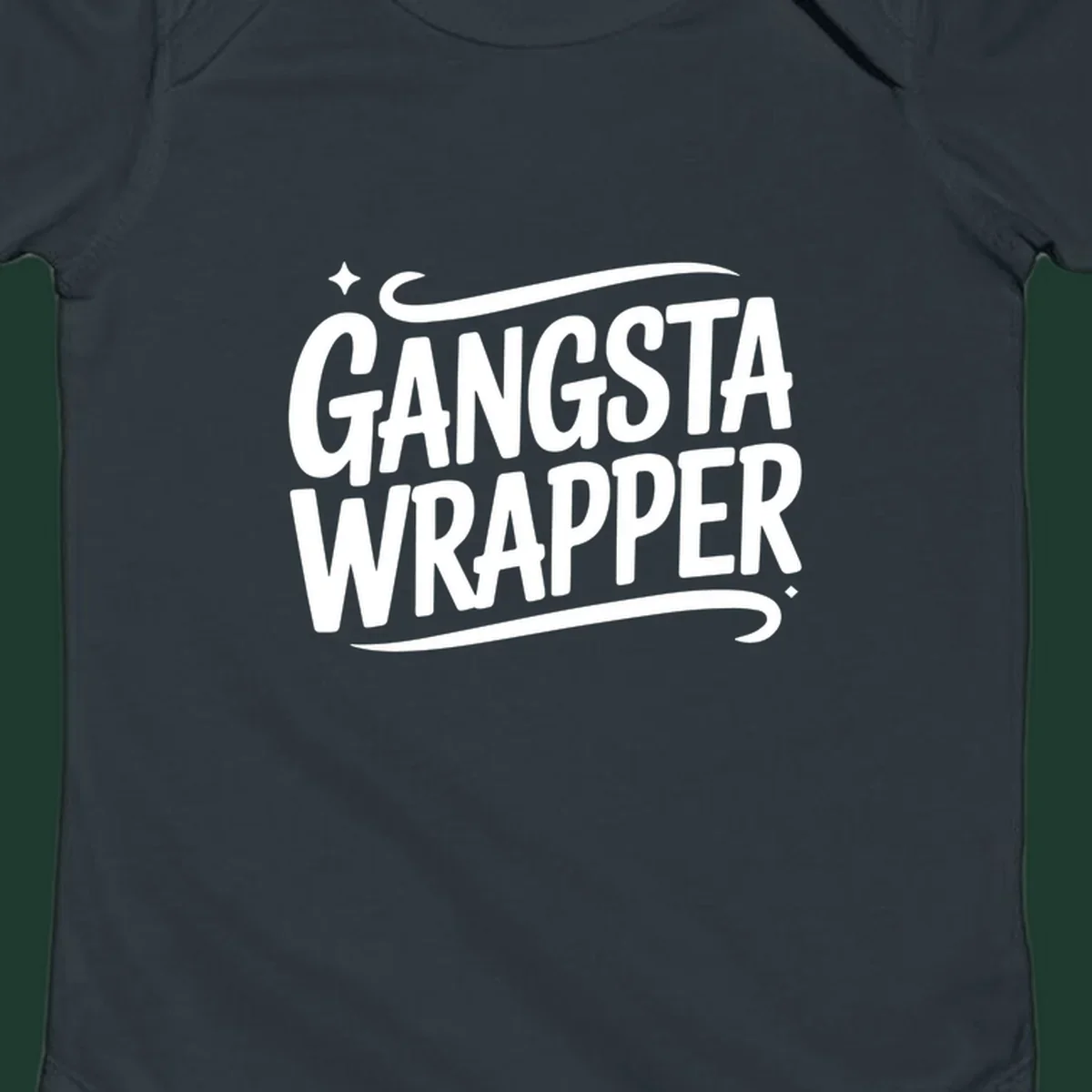 Gangsta Wrapper text in white, bold, custom lettering on a dark background.
