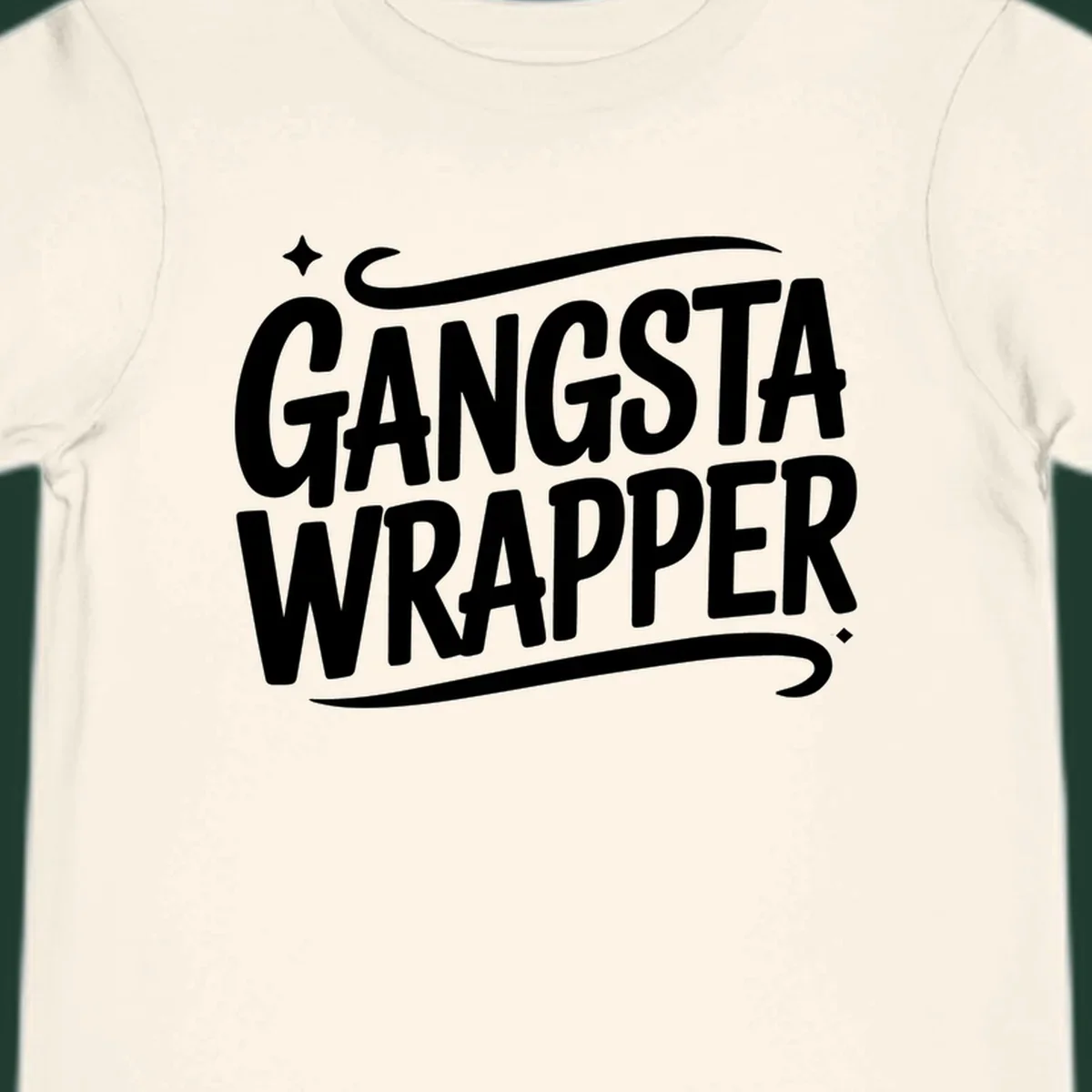 Gangsta Wrapper text in white, bold, custom lettering on a dark background.