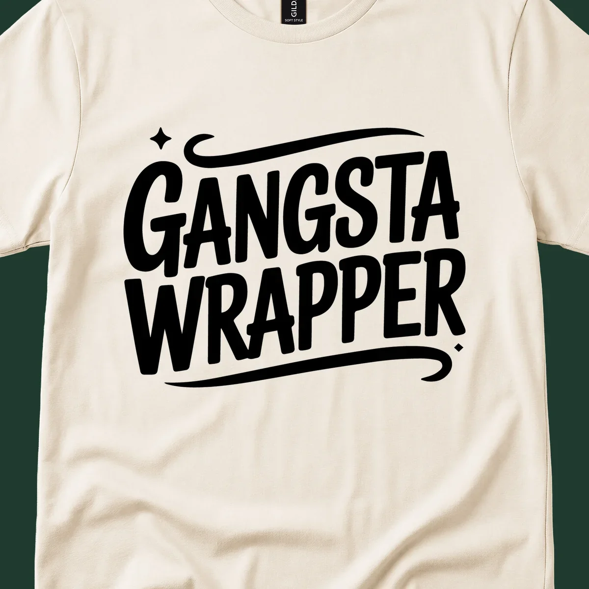 Gangsta Wrapper text in white, bold, custom lettering on a dark background.