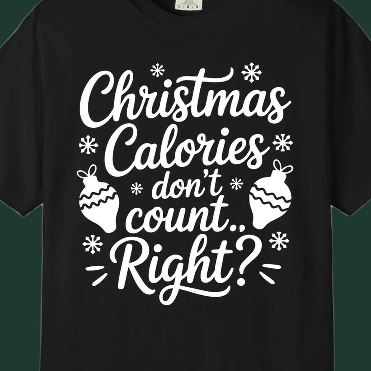 Christmas Calories Don't Count Right typography with snowflakes and ornaments.