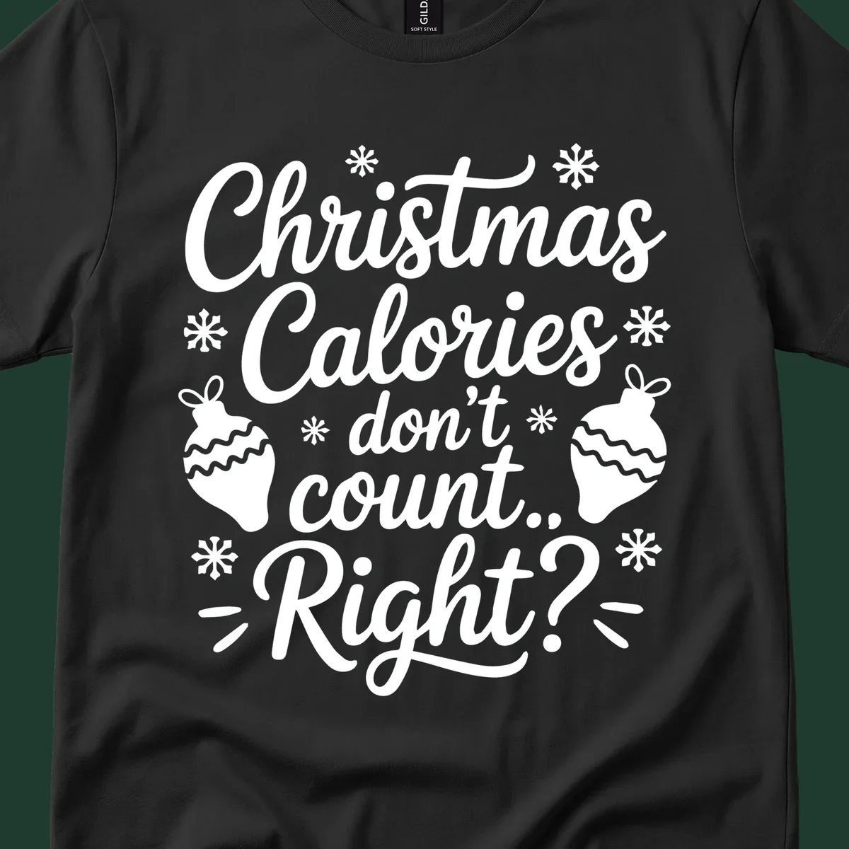 Christmas Calories Don't Count Right typography with snowflakes and ornaments.