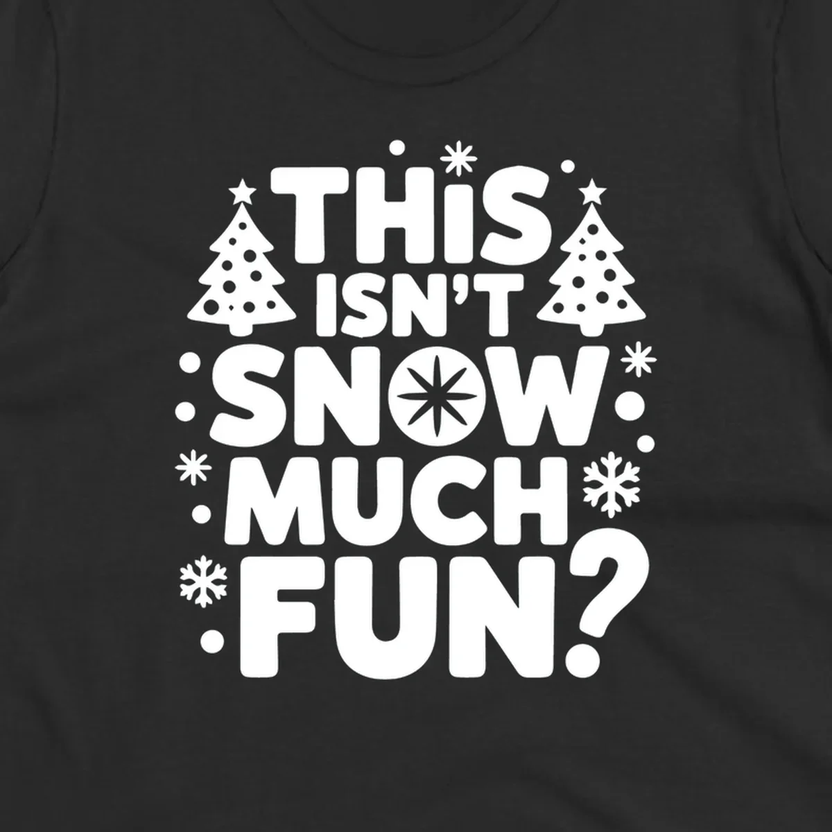 Typography design with 'This Isn't Snow Much Fun?' phrase, Christmas trees, and snowflakes.