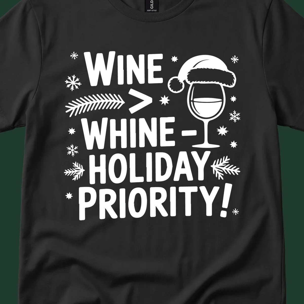 White text graphic with wine glass and holiday elements: Wine > Whine - Holiday Priority!