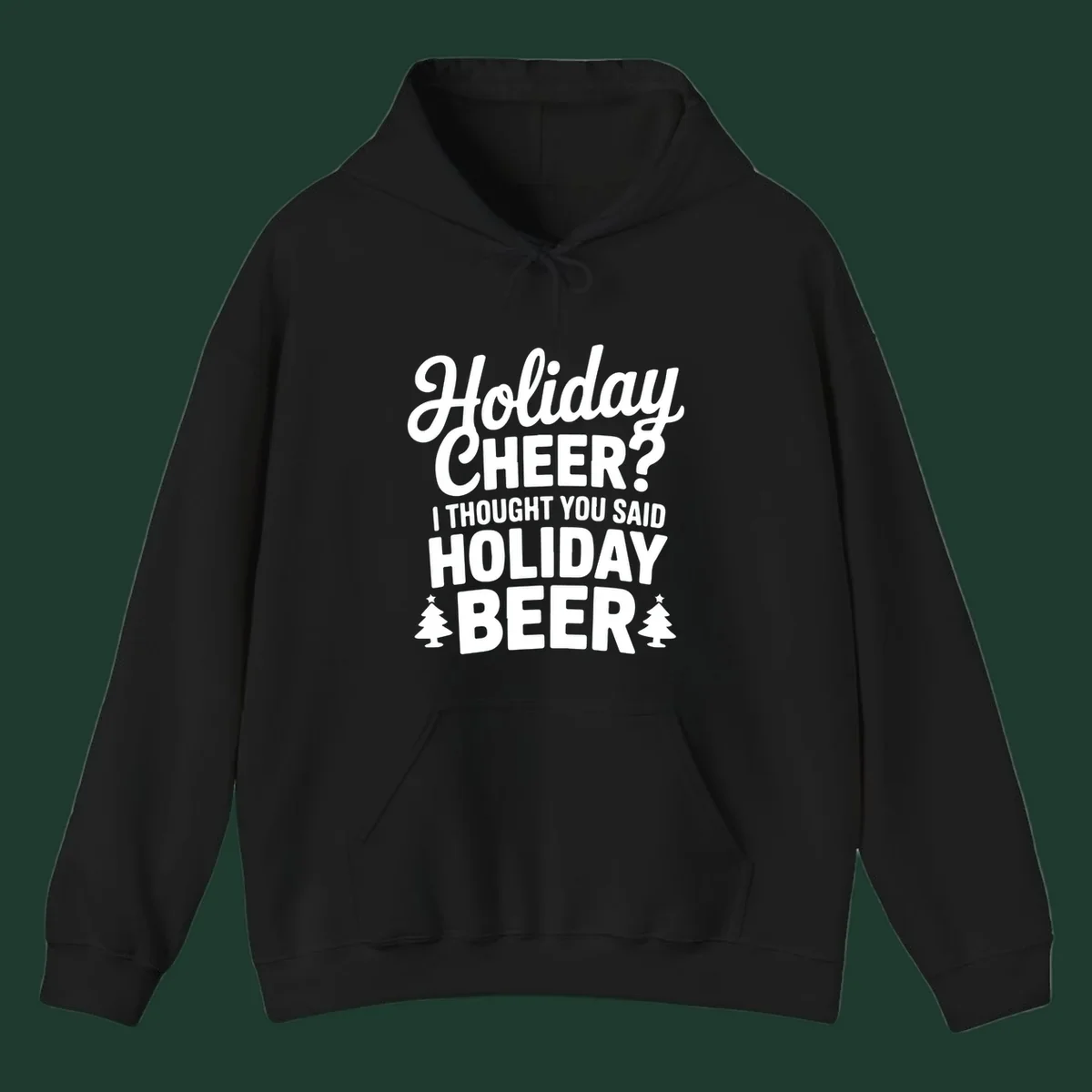 Holiday Beer pun graphic t-shirt design with playful text and Christmas tree icons.