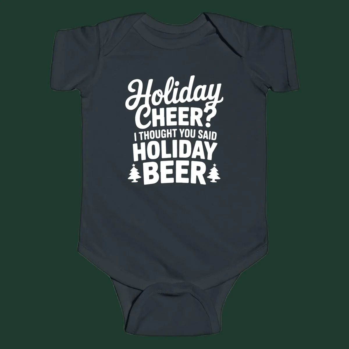 Holiday Beer pun graphic t-shirt design with playful text and Christmas tree icons.