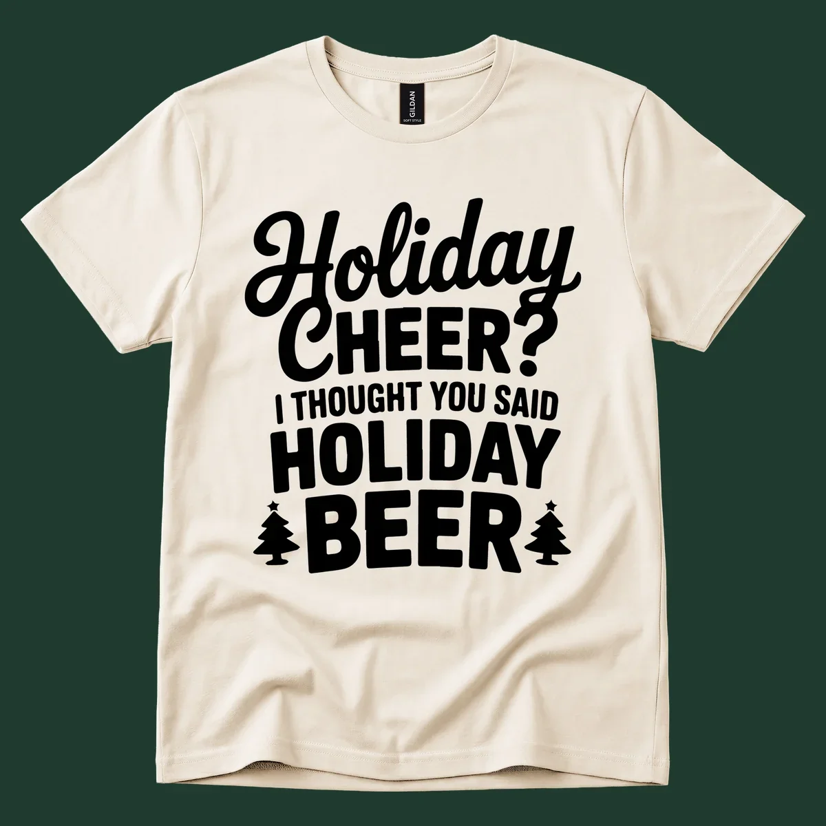 Holiday Beer pun graphic t-shirt design with playful text and Christmas tree icons.