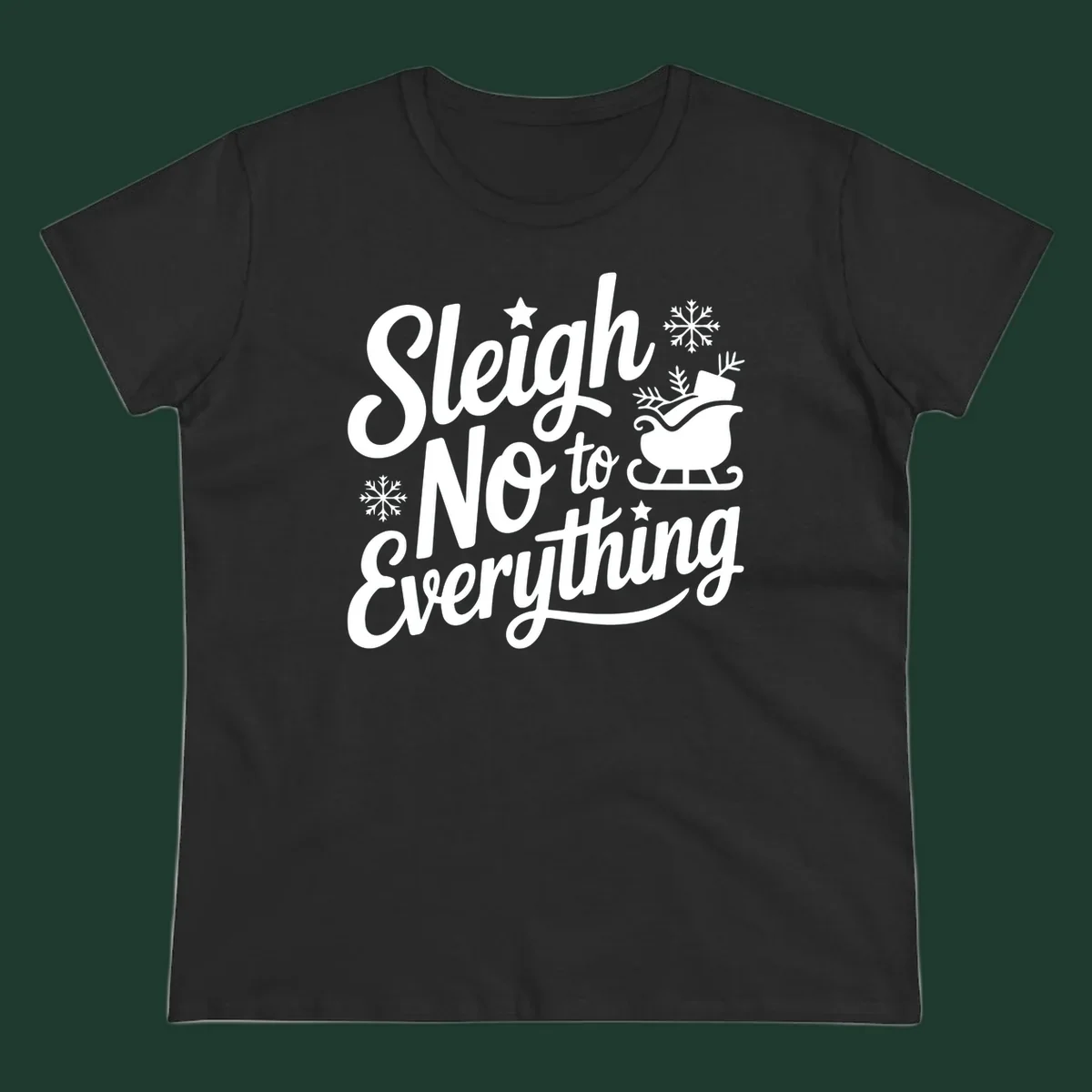 Sleigh No to Everything graphic design with snowflakes and a sleigh.