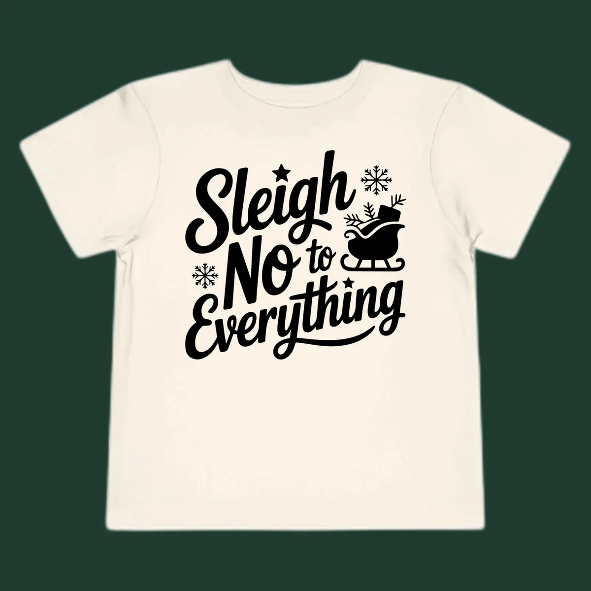 Sleigh No to Everything graphic design with snowflakes and a sleigh.
