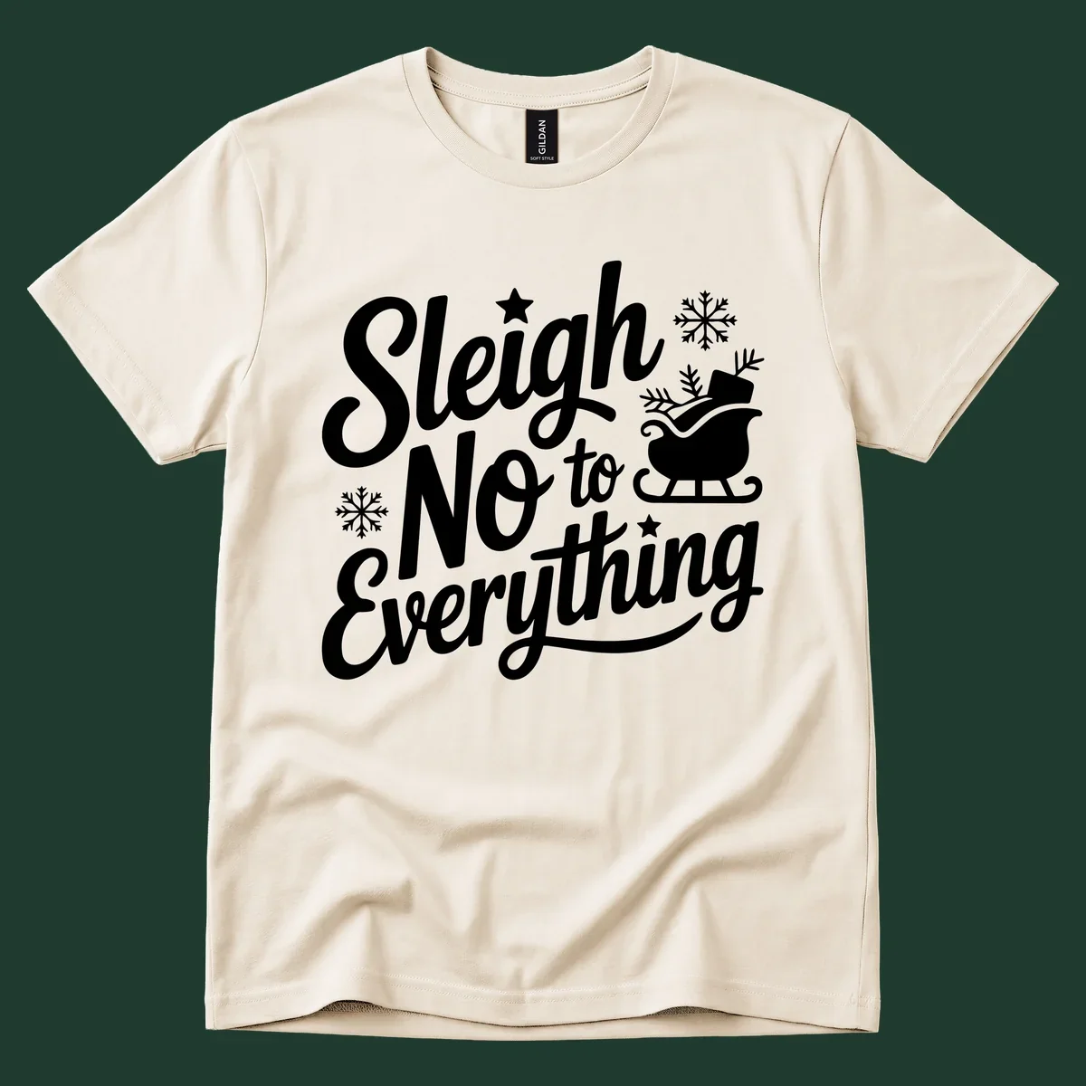 Sleigh No to Everything graphic design with snowflakes and a sleigh.