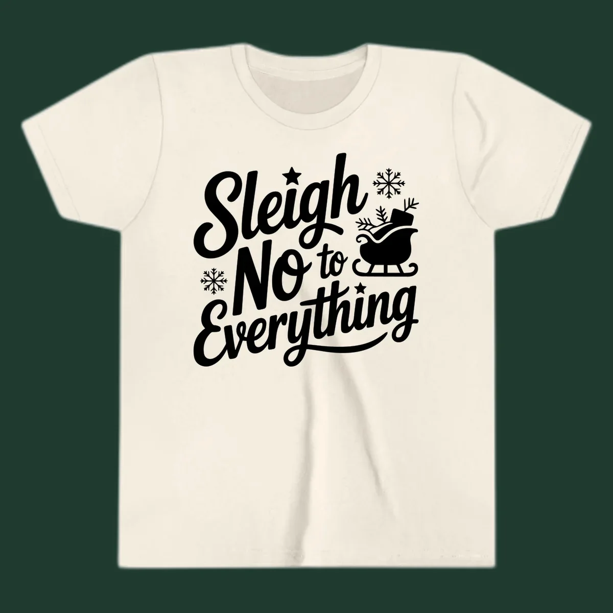 Sleigh No to Everything graphic design with snowflakes and a sleigh.