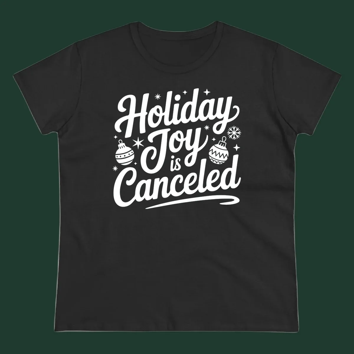 Holiday Joy Is Canceled text with Christmas ornaments and snowflakes