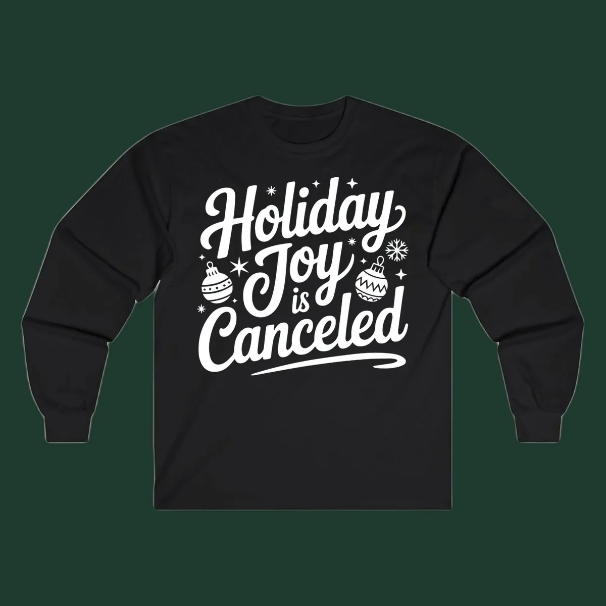 Holiday Joy Is Canceled text with Christmas ornaments and snowflakes